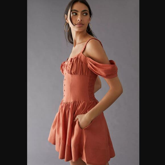 New Anthropologie Off-The-Shoulder Linen Mini Dress - XS - Picture 4 of 7
